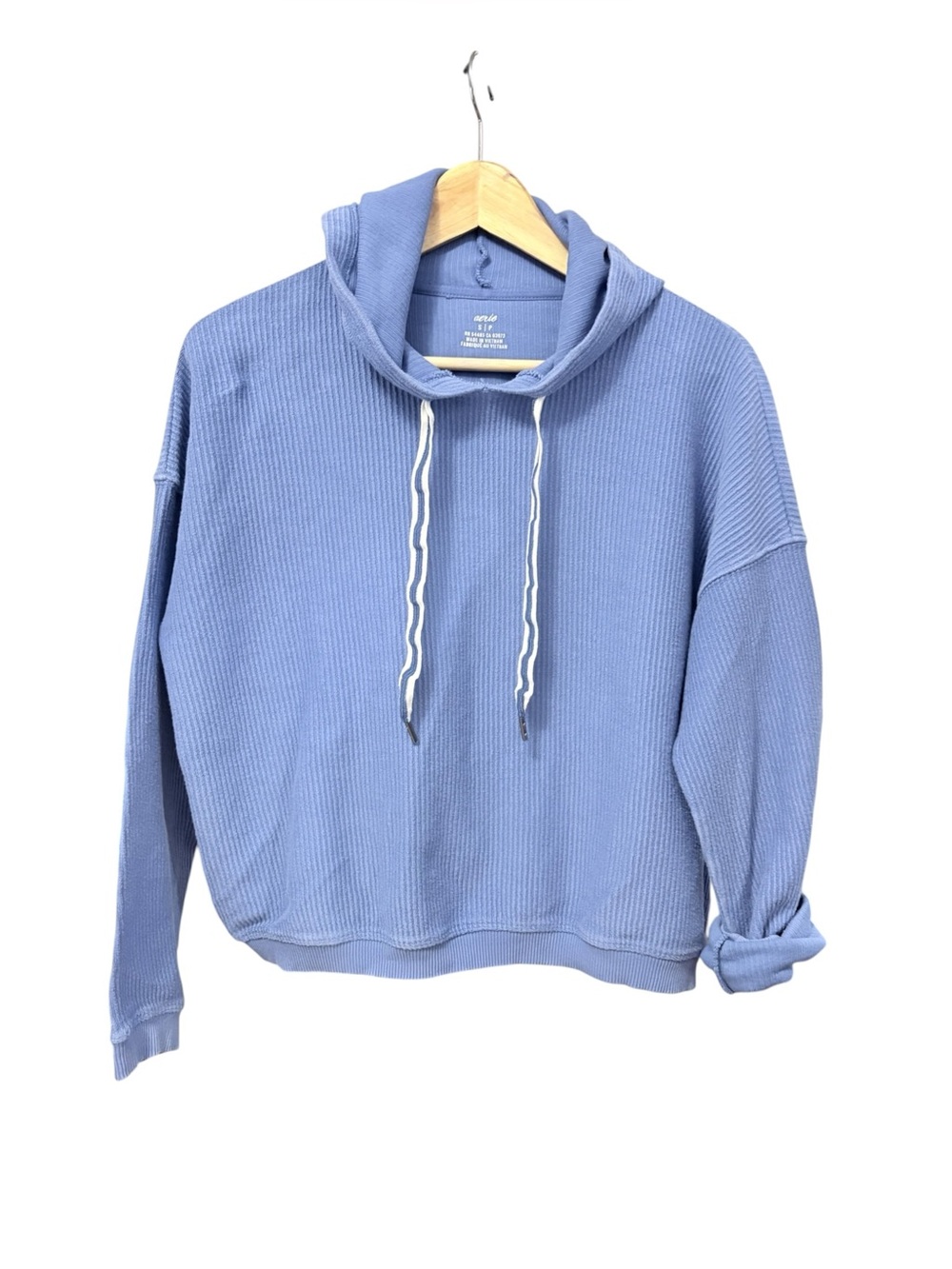 aerie Washed Light Blue Waffle-Knit Hoodie Sweater Loose Fit Sz Small P2P 24